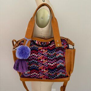 Maya & Mali Large Convertible Bag Leather Trim Pom Pom Tassle Multicolor